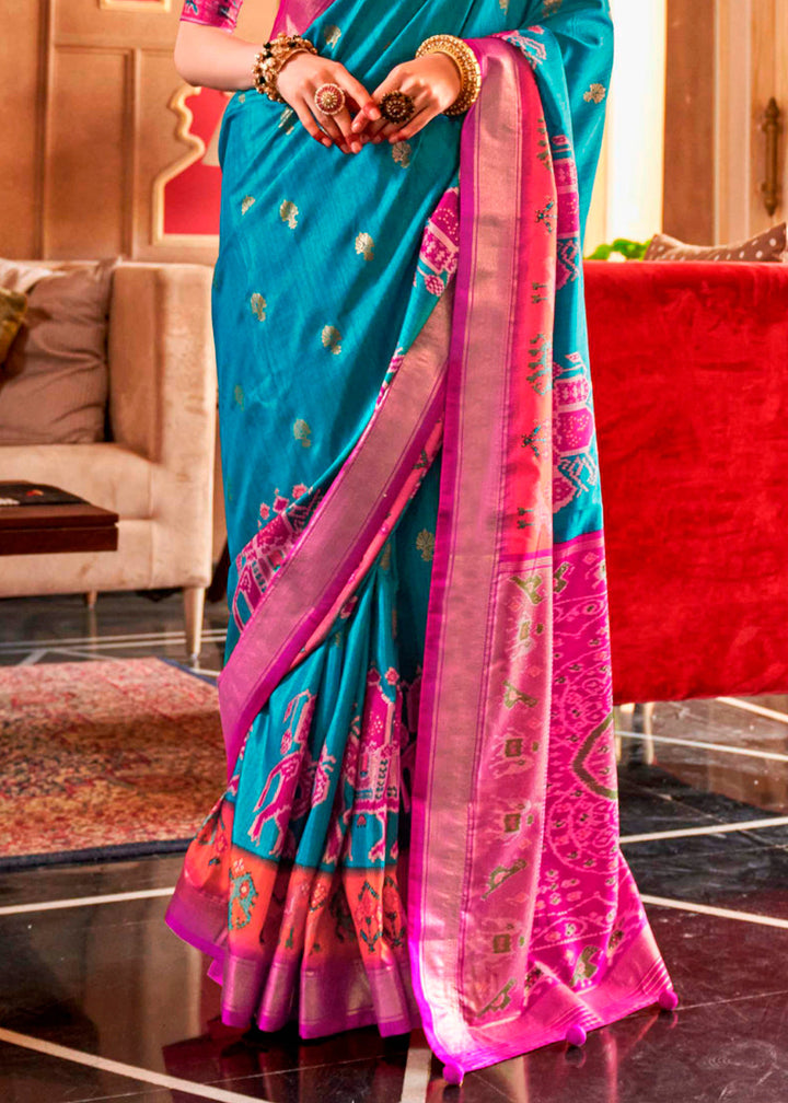 Cerulean Blue Patola Silk Saree with Sambhal Puri Print - qivii