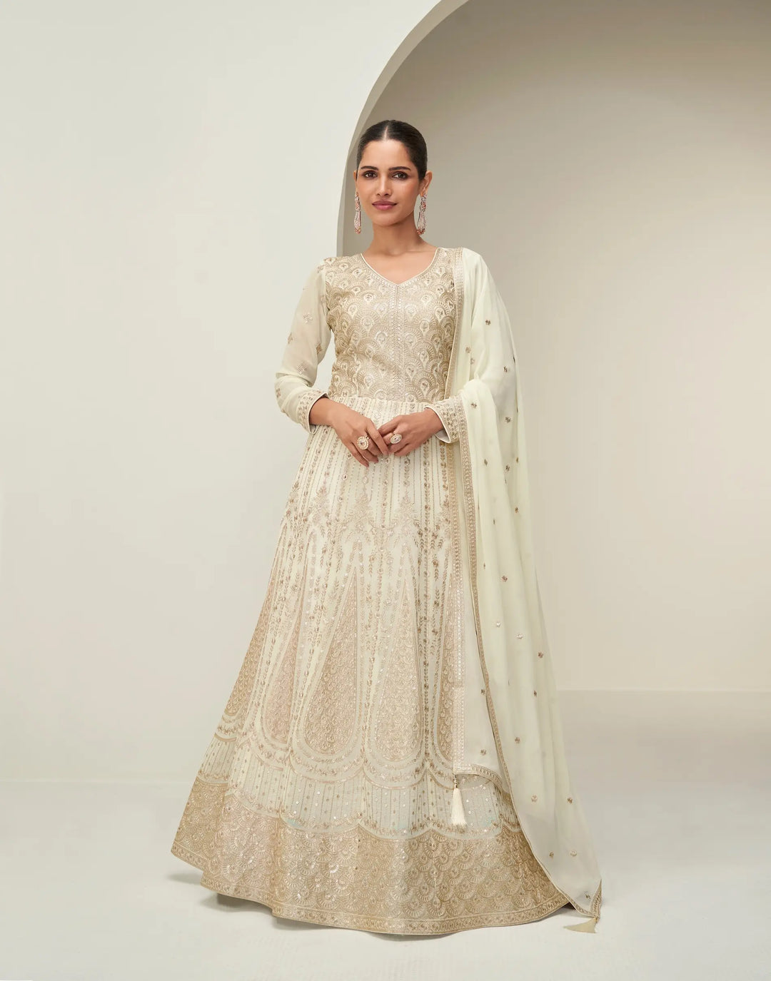 Off White Georgette Embroidery Work Gown - qivii
