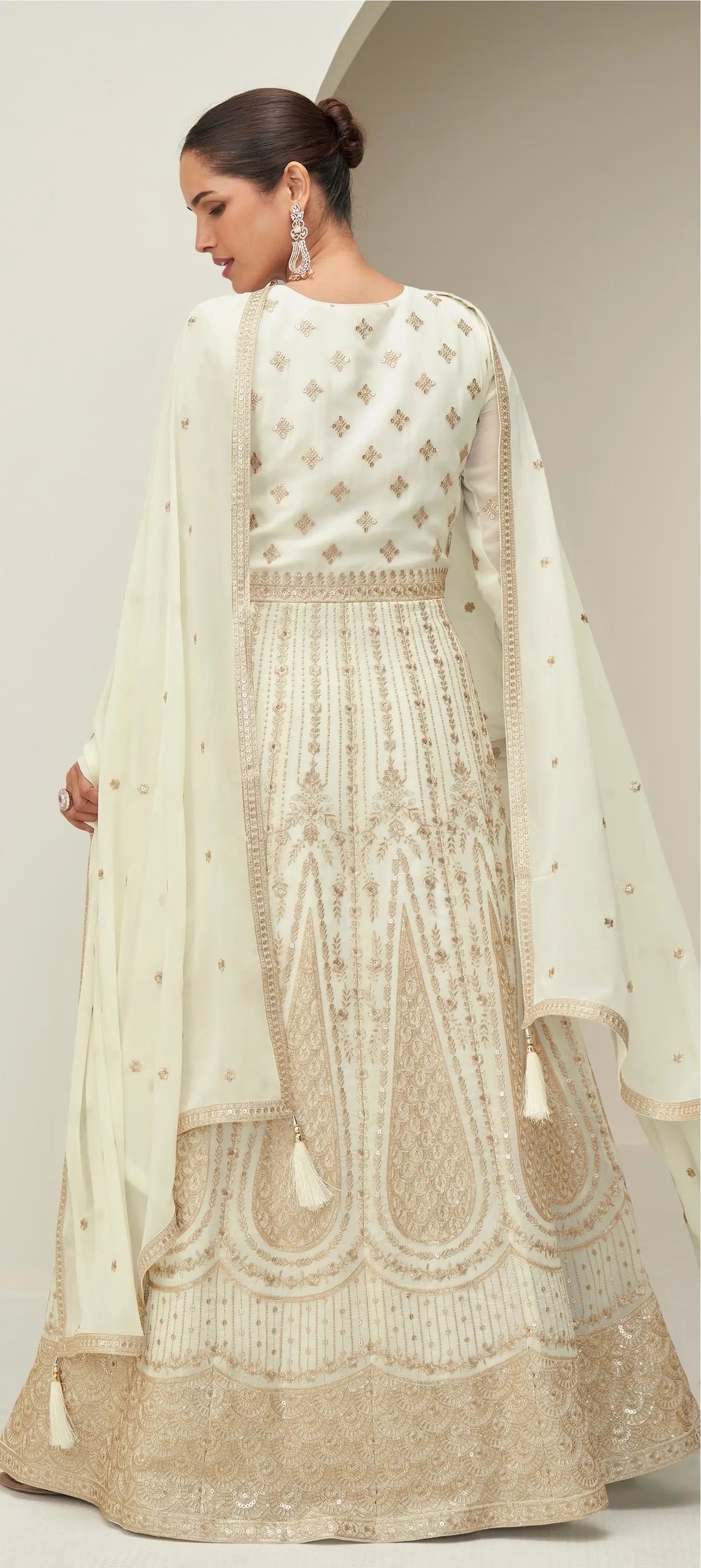 Off White Georgette Embroidery Work Gown - qivii