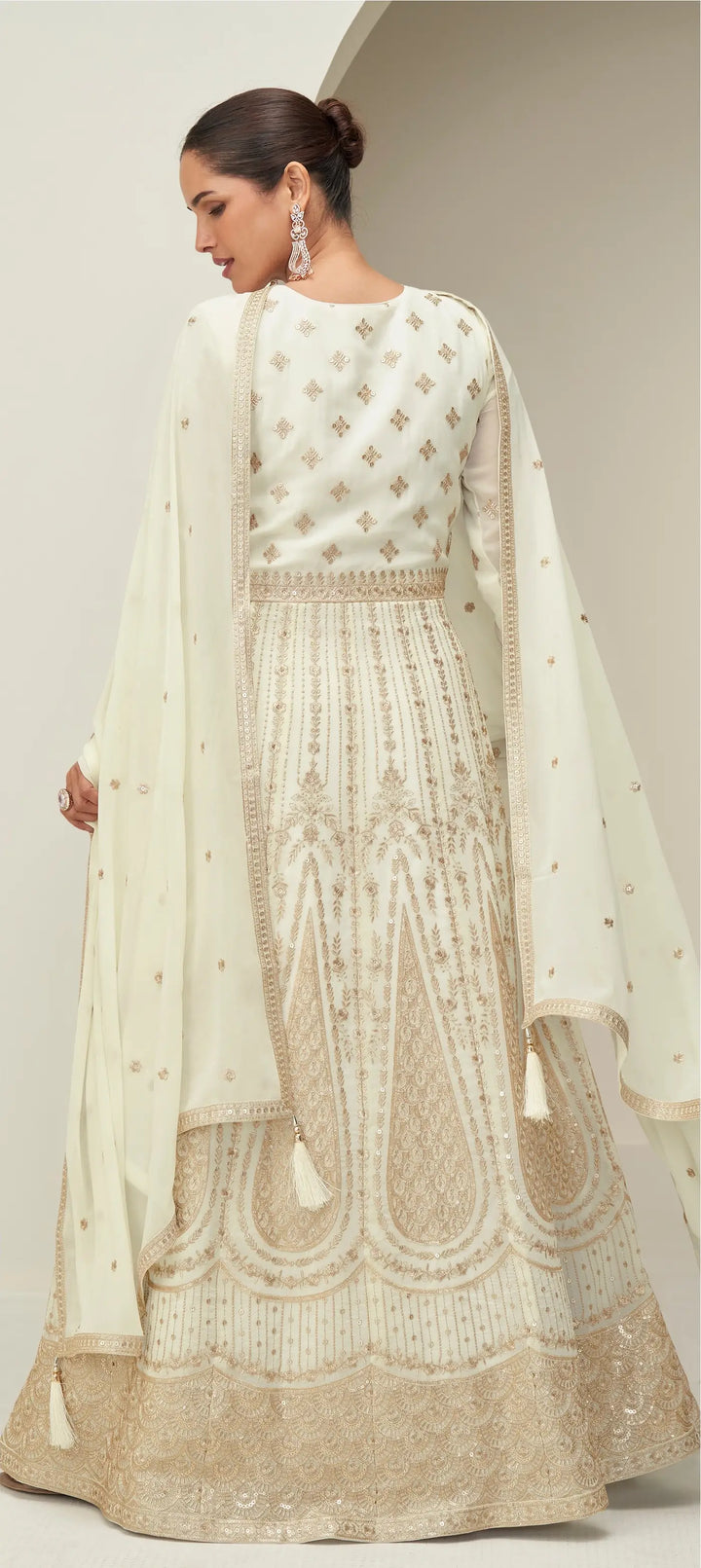 Off White Georgette Embroidery Work Gown - qivii