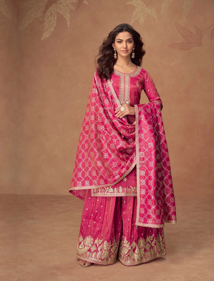 Rani Pink Shimmer Silk Embroidery Work Palazzo Suit - qivii