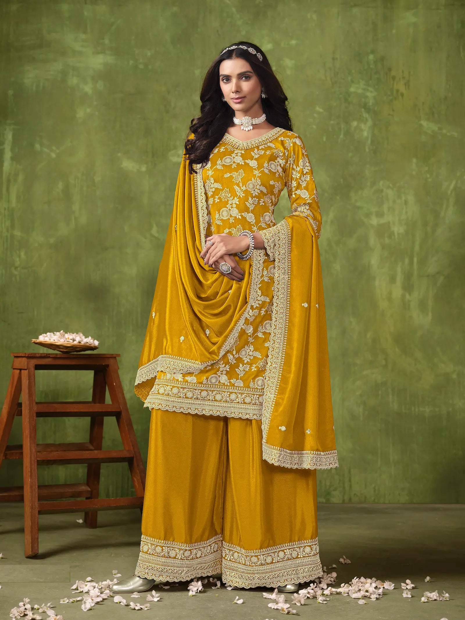Yellow Dola Silk Palazzo Suit with Zari Weaving, Thread & Sequins Embroidery Work