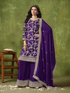 Purple Dola Silk Palazzo Suit with Zari Weaving, Thread & Sequins Embroidery Work
