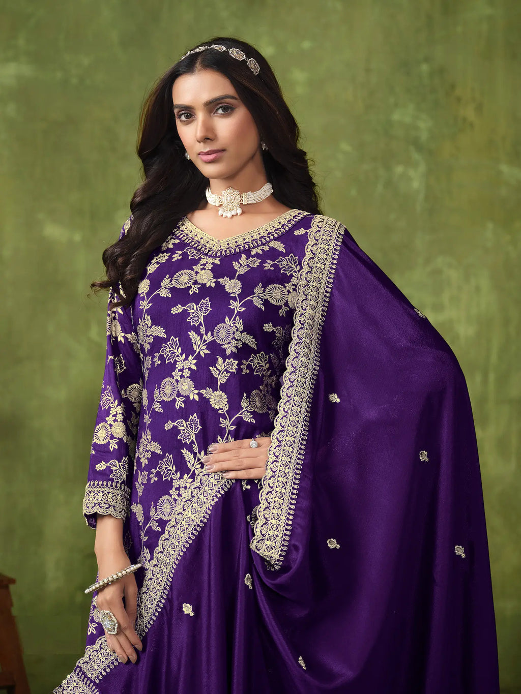 Purple Dola Silk Palazzo Suit with Zari Weaving, Thread & Sequins Embroidery Work