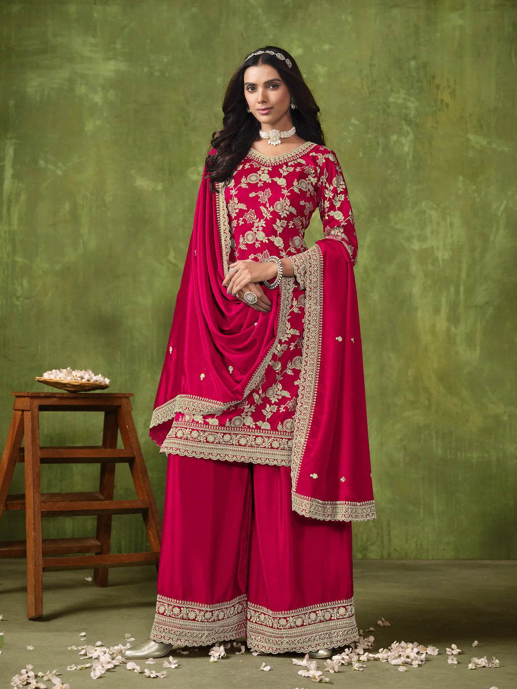 Red Dola Silk Palazzo Suit with Zari Weaving, Thread & Sequins Embroidery Work