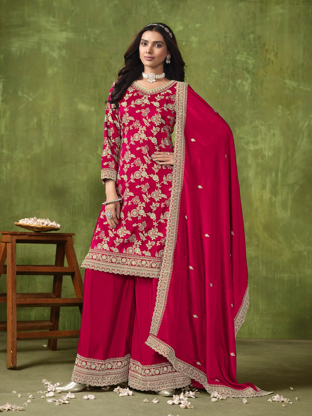 Red Dola Silk Palazzo Suit with Zari Weaving, Thread & Sequins Embroidery Work