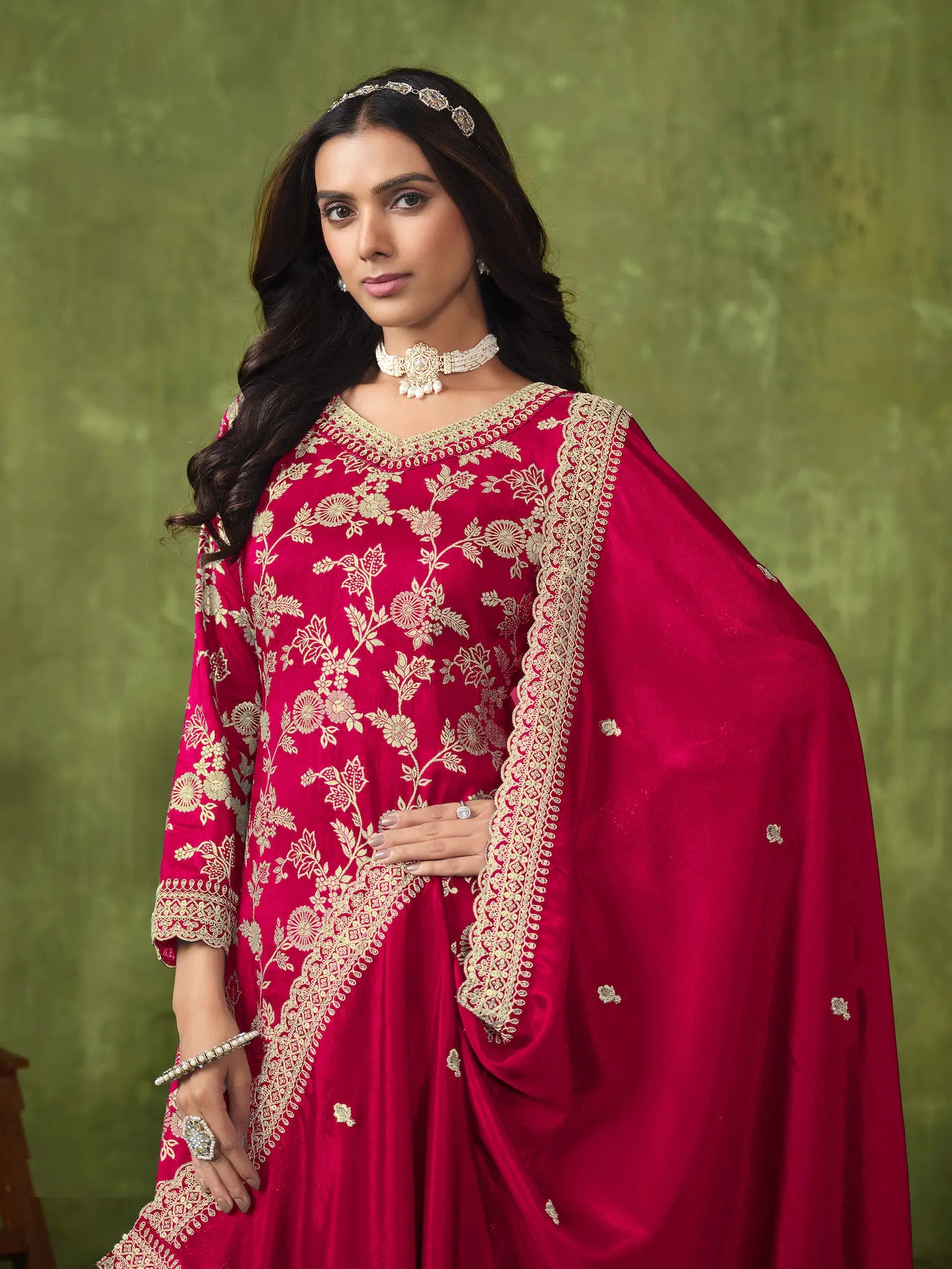 Red Dola Silk Palazzo Suit with Zari Weaving, Thread & Sequins Embroidery Work