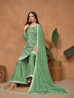 Pista Green Chinon Thread & Sequins Embroidery Palazzo Suit