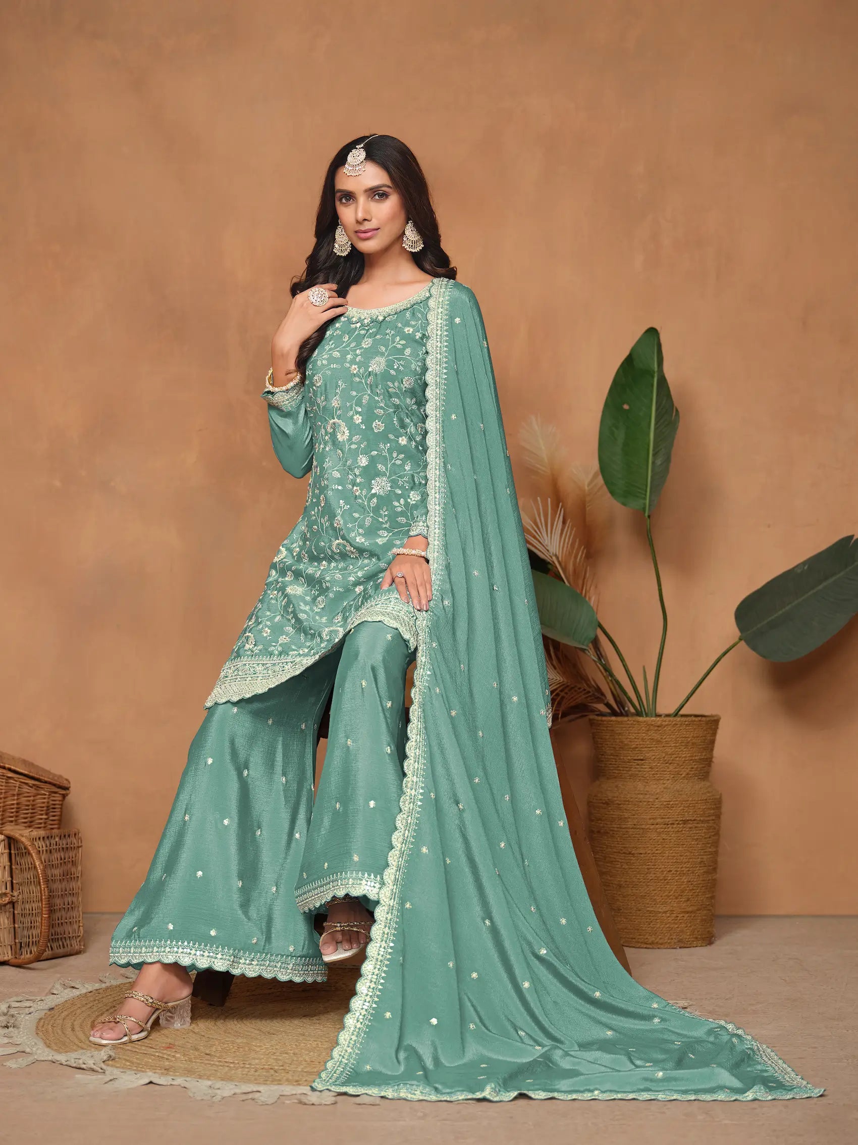 Sky Blue Chinon Thread & Sequins Embroidery Palazzo Suit