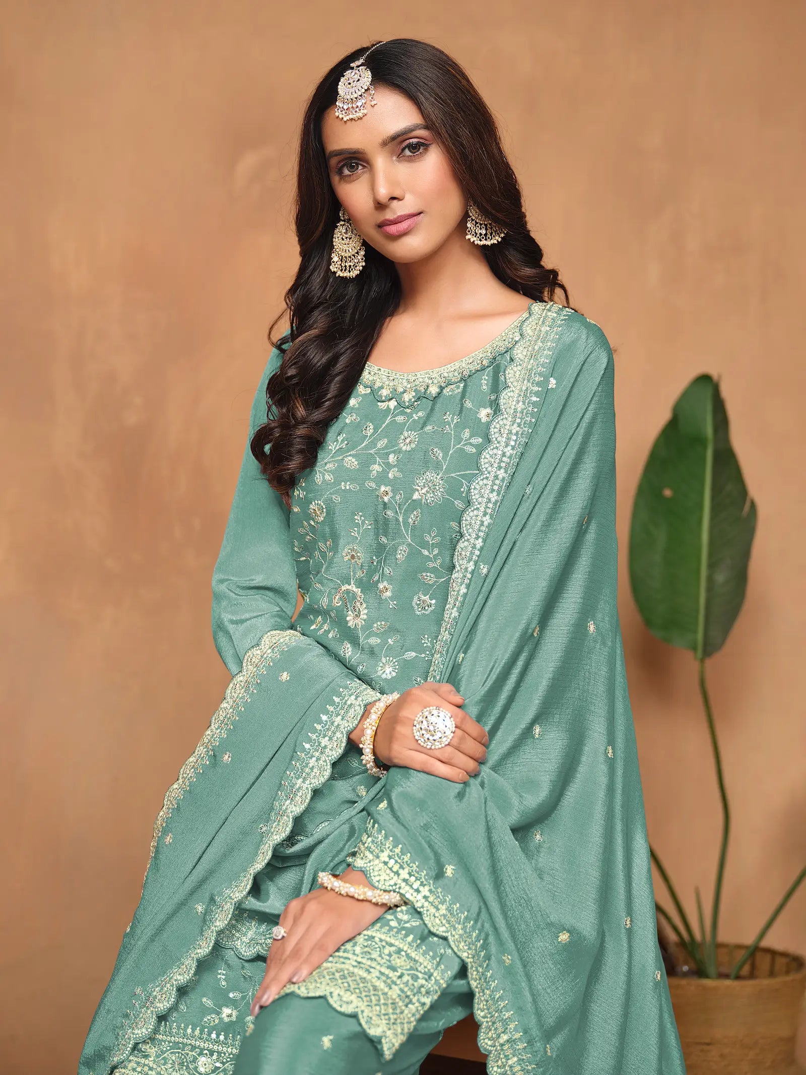 Sky Blue Chinon Thread & Sequins Embroidery Palazzo Suit