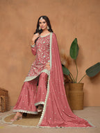 Dusty Pink Chinon Thread & Sequins Embroidery Palazzo Suit