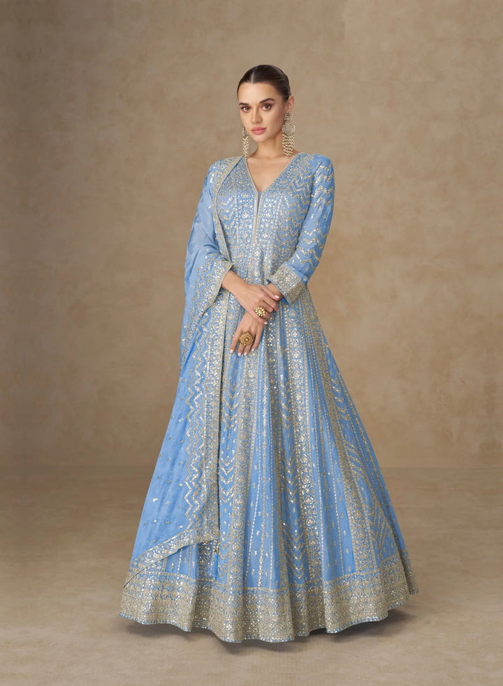 Pastel Blue Chinon Silk Embroidery Gown - qivii