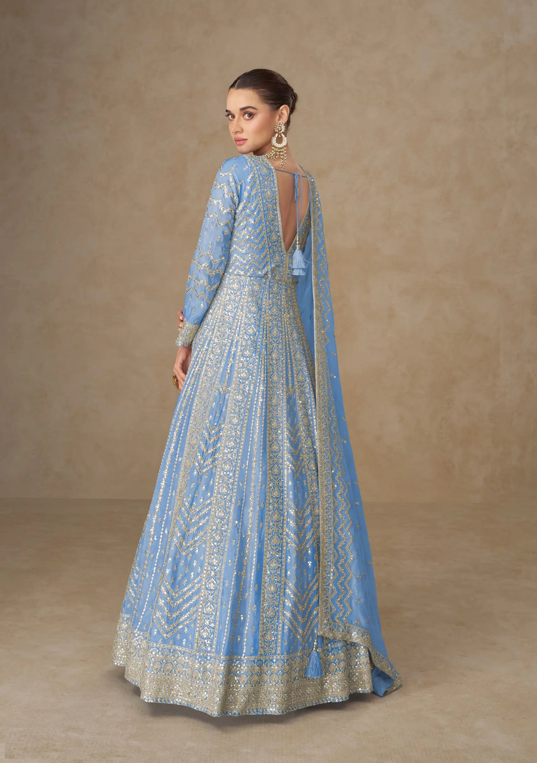 Pastel Blue Chinon Silk Embroidery Gown - qivii