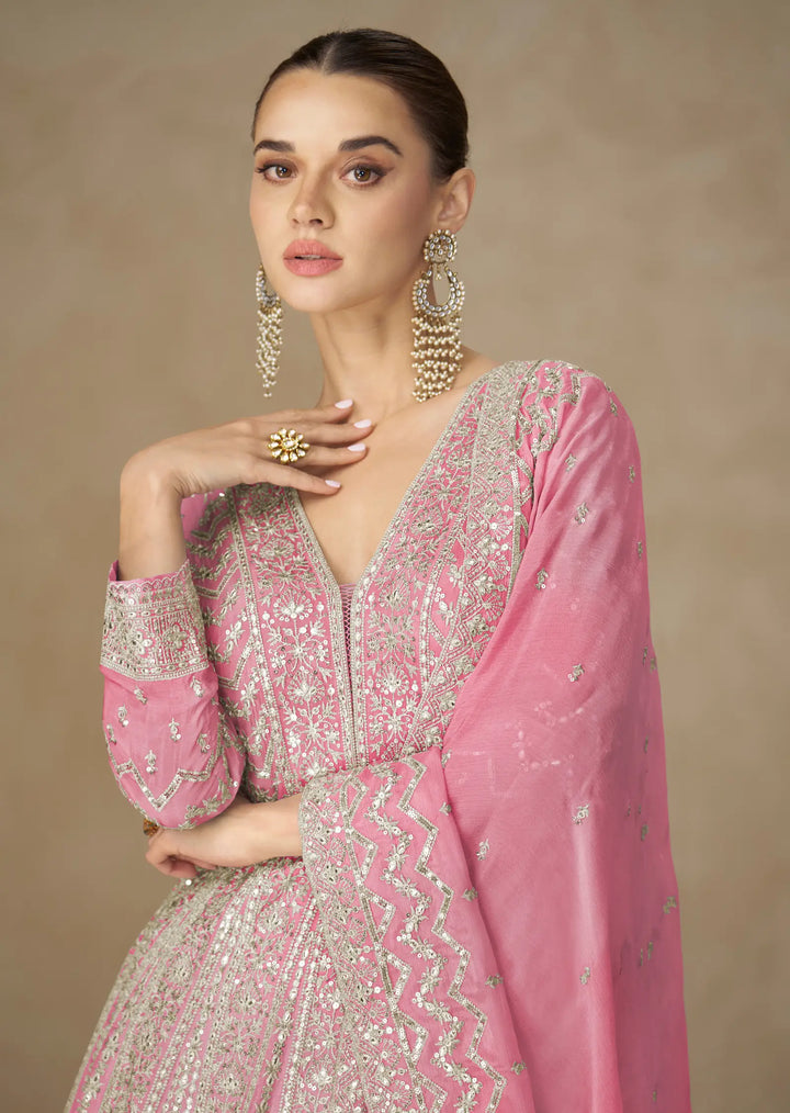 Daisy Pink Chinon Silk Embroidery Gown - qivii
