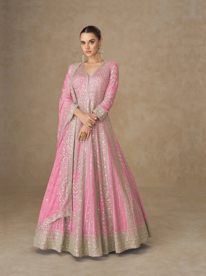 Daisy Pink Chinon Silk Embroidery Gown - qivii