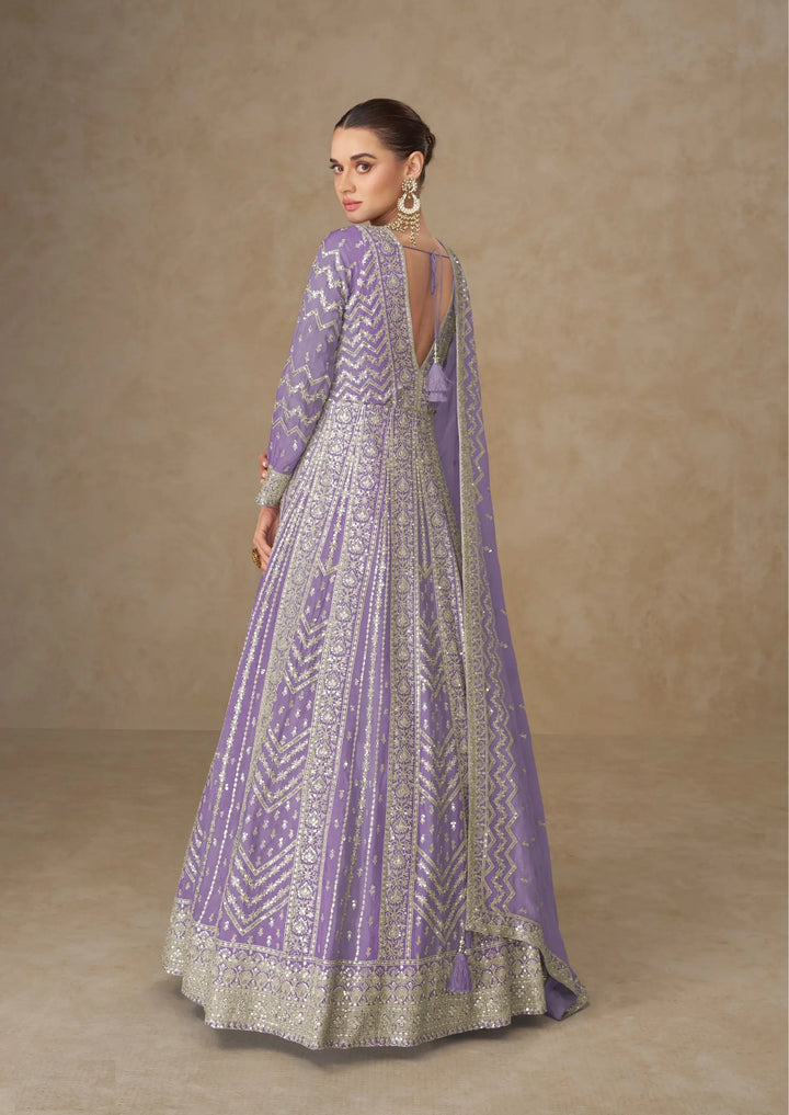 Dark Lilac Chinon Silk Embroidery Gown - qivii