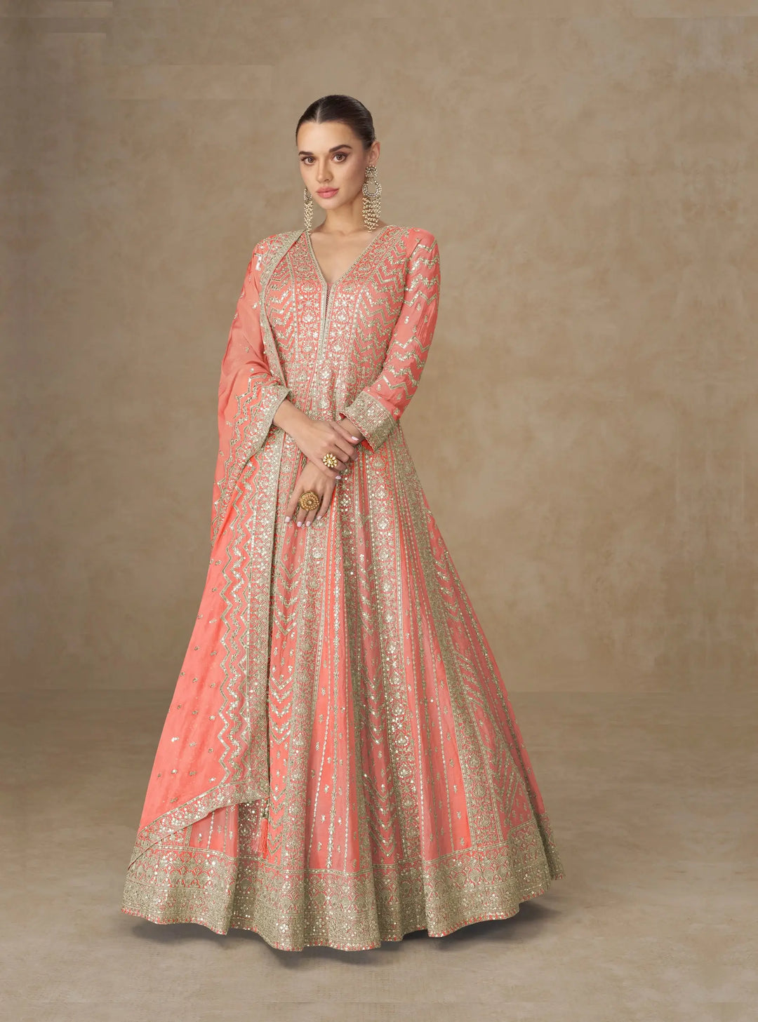 Dark Peach Chinon Silk Embroidery Gown - qivii