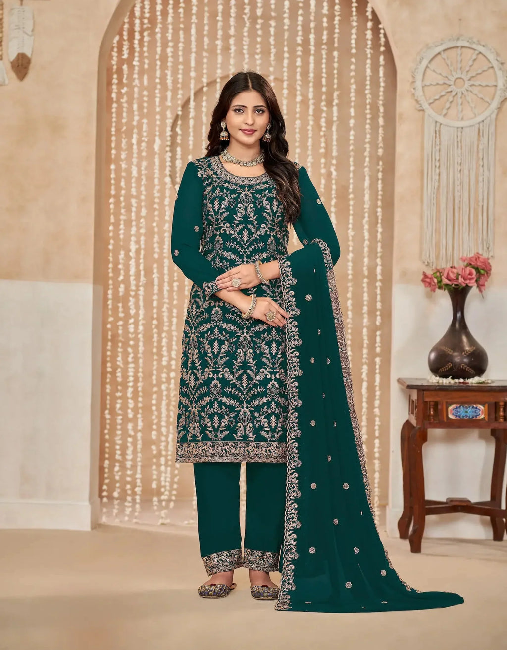 Dark Green Georgette Thread & Sequence Embroidery Work Palazzo Suit