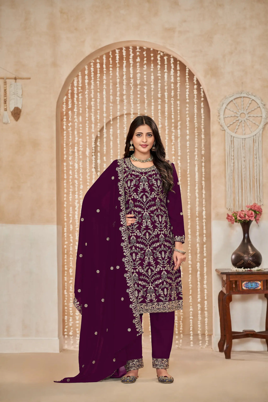 Wine Georgette Thread & Sequence Embroidery Work Palazzo Suit