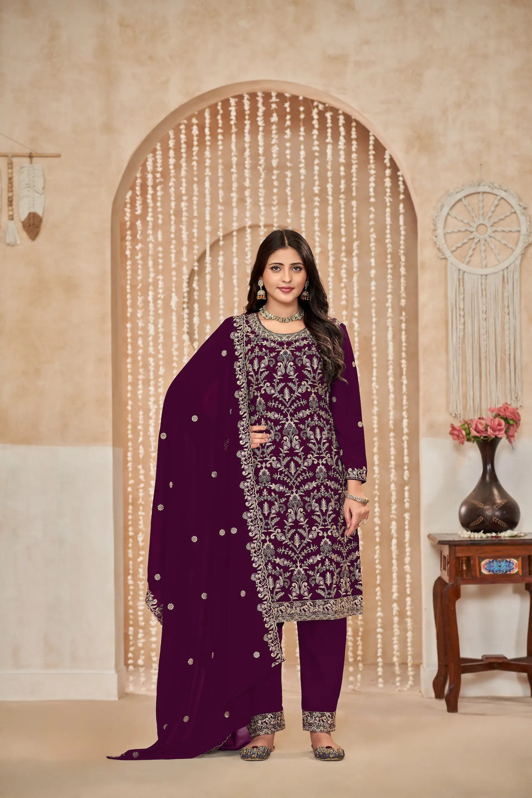 Wine Georgette Thread & Sequence Embroidery Work Palazzo Suit