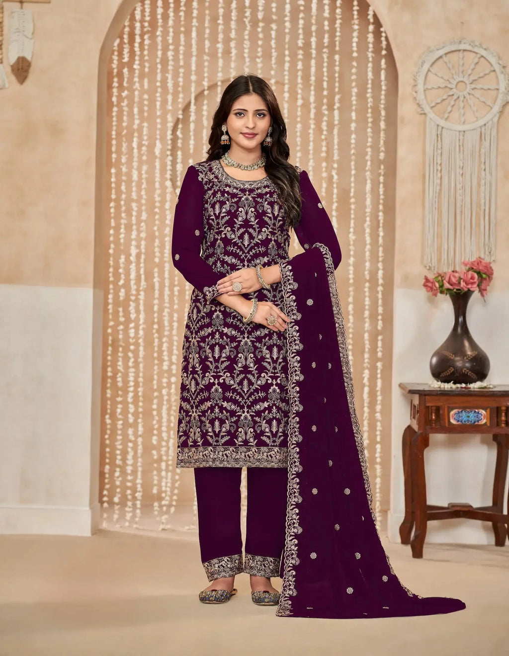 Wine Georgette Thread & Sequence Embroidery Work Palazzo Suit