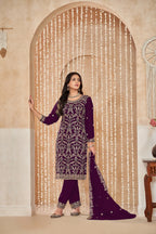 Wine Georgette Thread & Sequence Embroidery Work Palazzo Suit