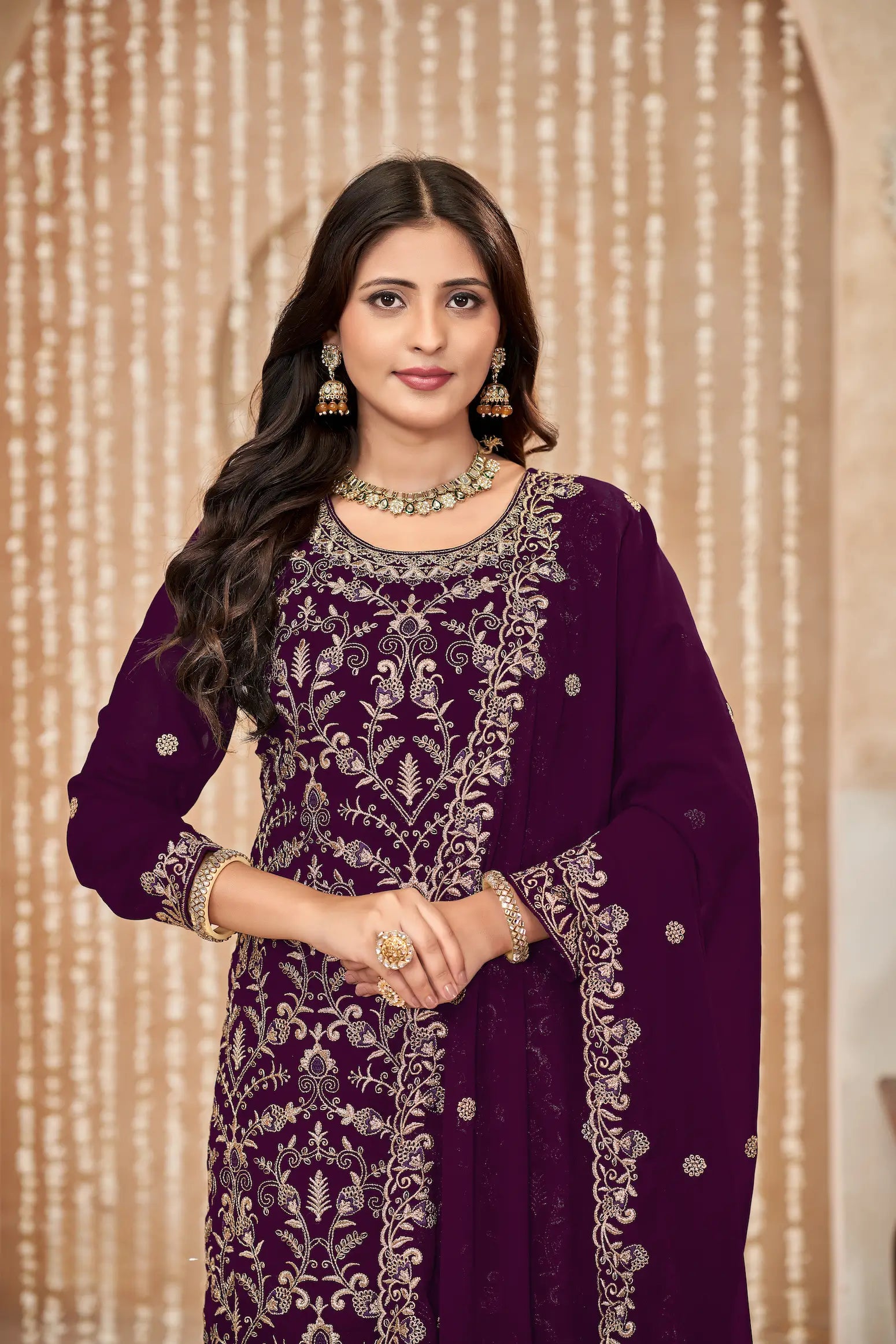 Wine Georgette Thread & Sequence Embroidery Work Palazzo Suit