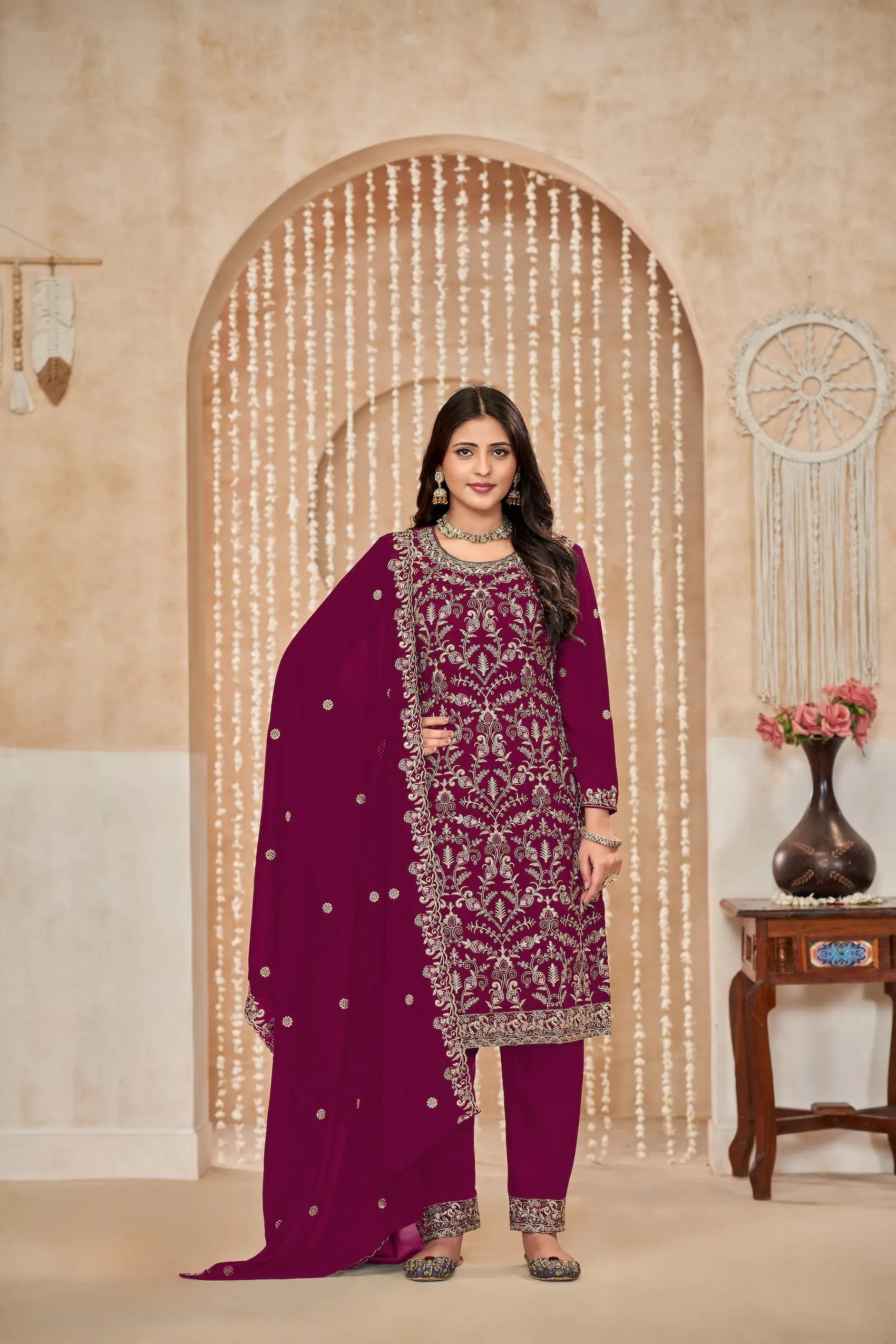 Pink Georgette Thread & Sequence Embroidery Work Palazzo Suit