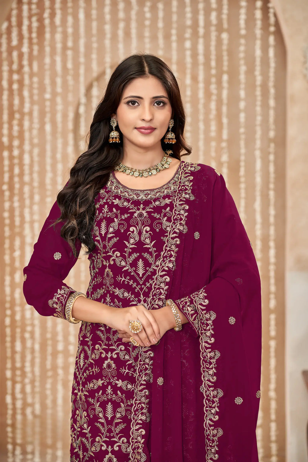 Pink Georgette Thread & Sequence Embroidery Work Palazzo Suit