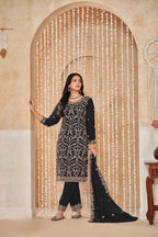 Black Georgette Thread & Sequence Embroidery Work Palazzo Suit