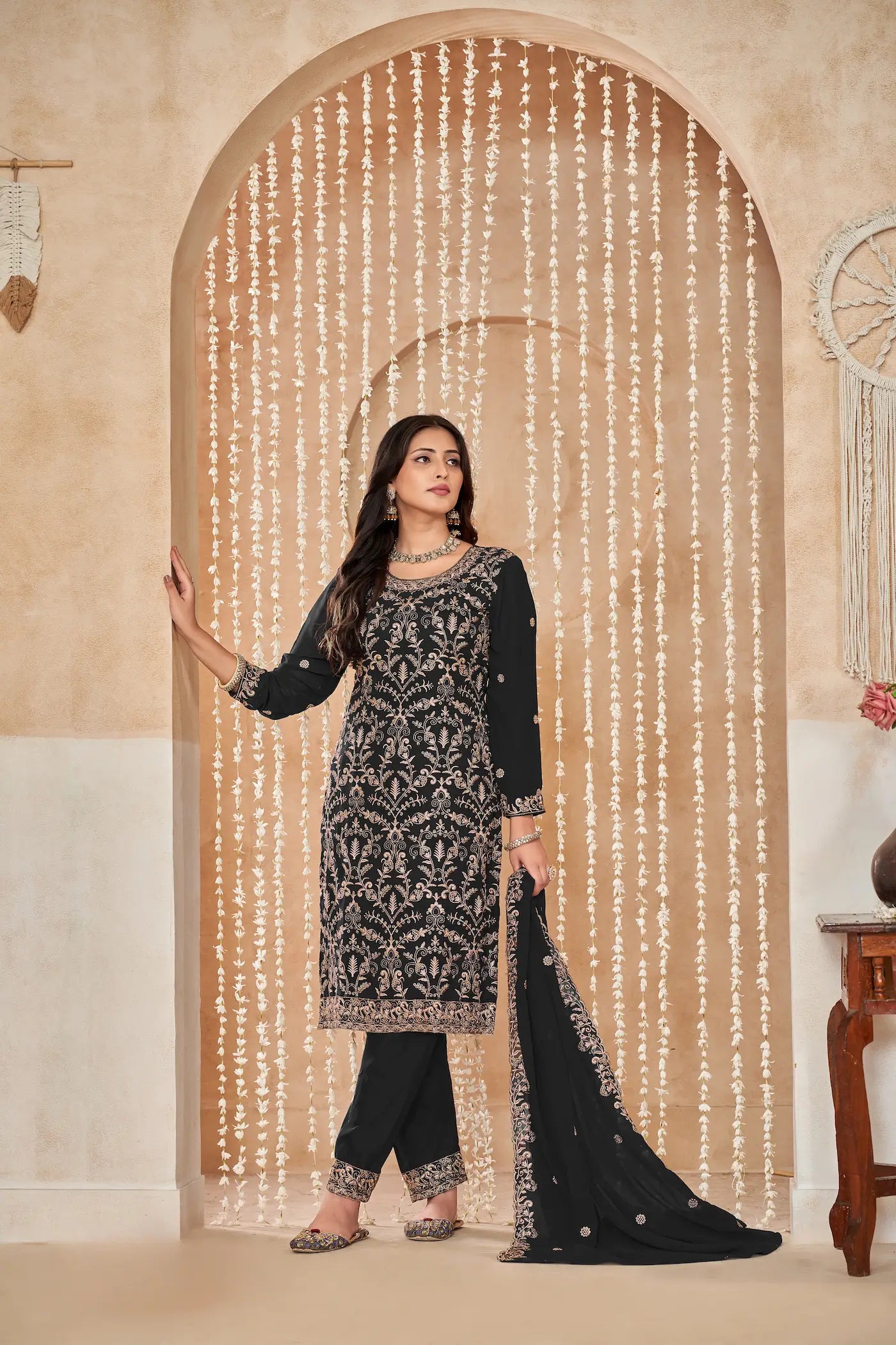 Black Georgette Thread & Sequence Embroidery Work Palazzo Suit