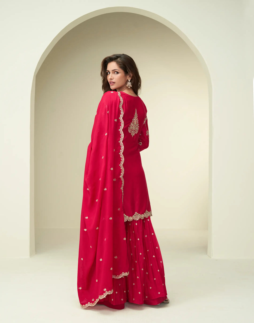 Red Chinon Silk Palazzo Suit With Embroidery Work - qivii