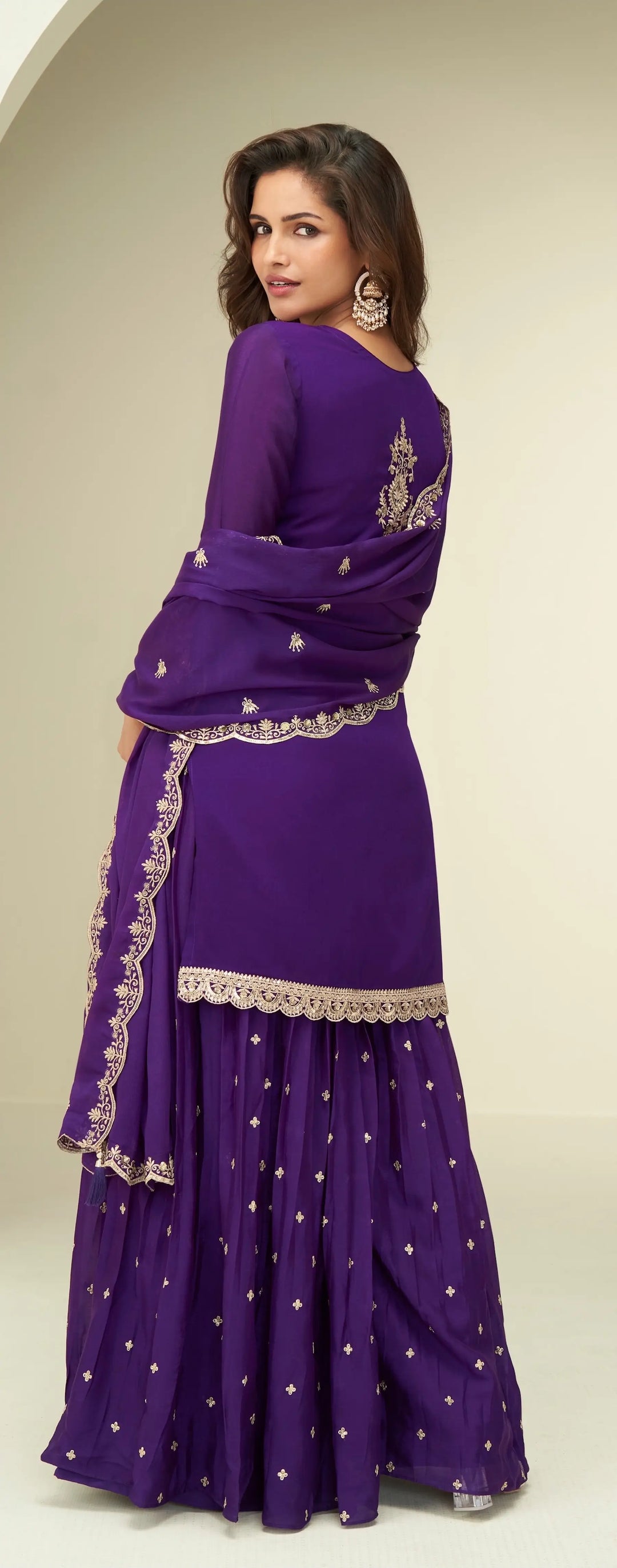 Purple Chinon Silk Palazzo Suit With Embroidery Work - qivii