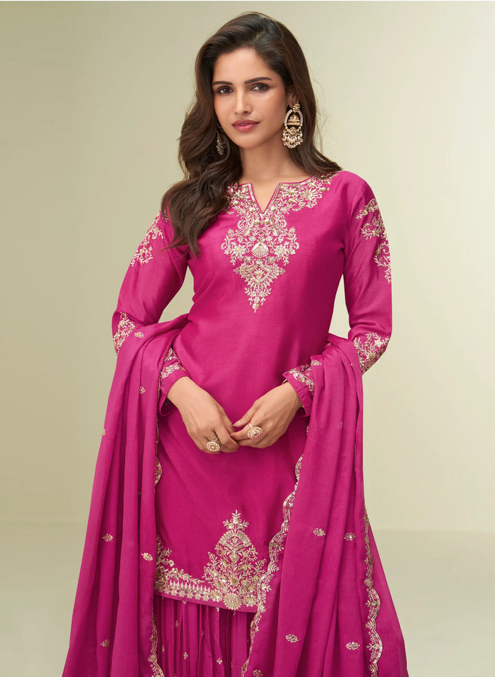 Dark Pink Chinon Silk Palazzo Suit With Embroidery Work - qivii