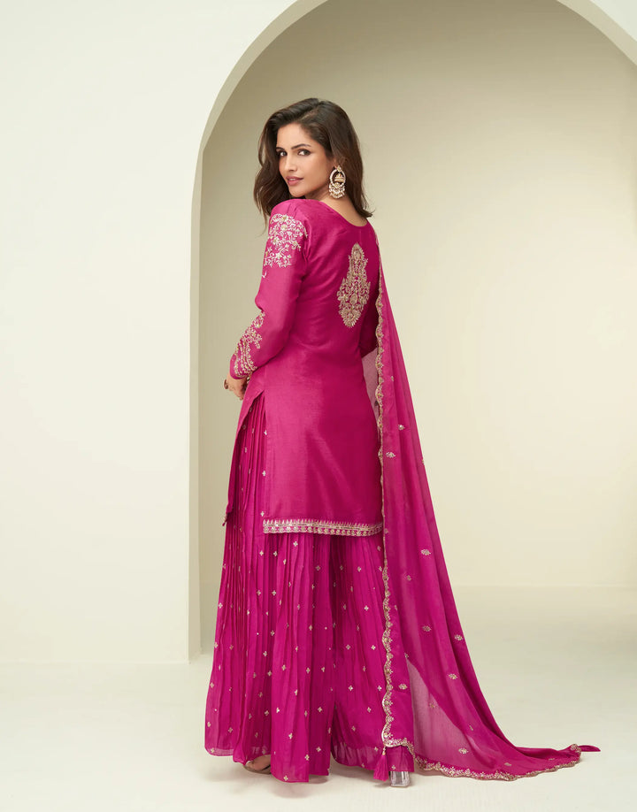 Dark Pink Chinon Silk Palazzo Suit With Embroidery Work - qivii