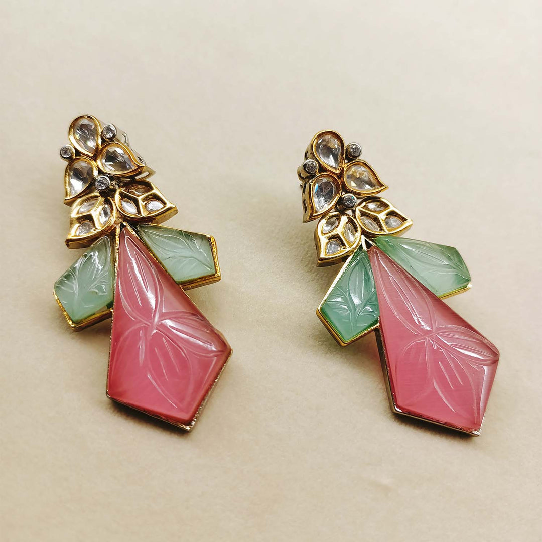  Victorian style pink and mint green rhodium plated earrings 