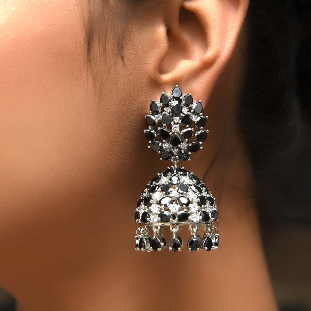 Jhanvi Black Silver Plated American Diamond Jhumki - qivii