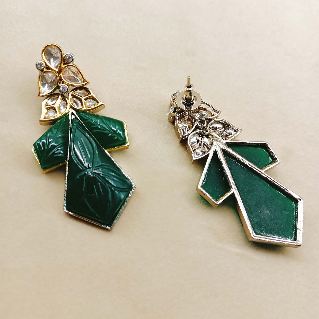Diya Green Rhodium Plated Carved Stone Kundan Earrings - qivii