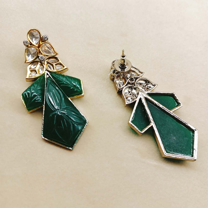 Diya Green Rhodium Plated Carved Stone Kundan Earrings - qivii