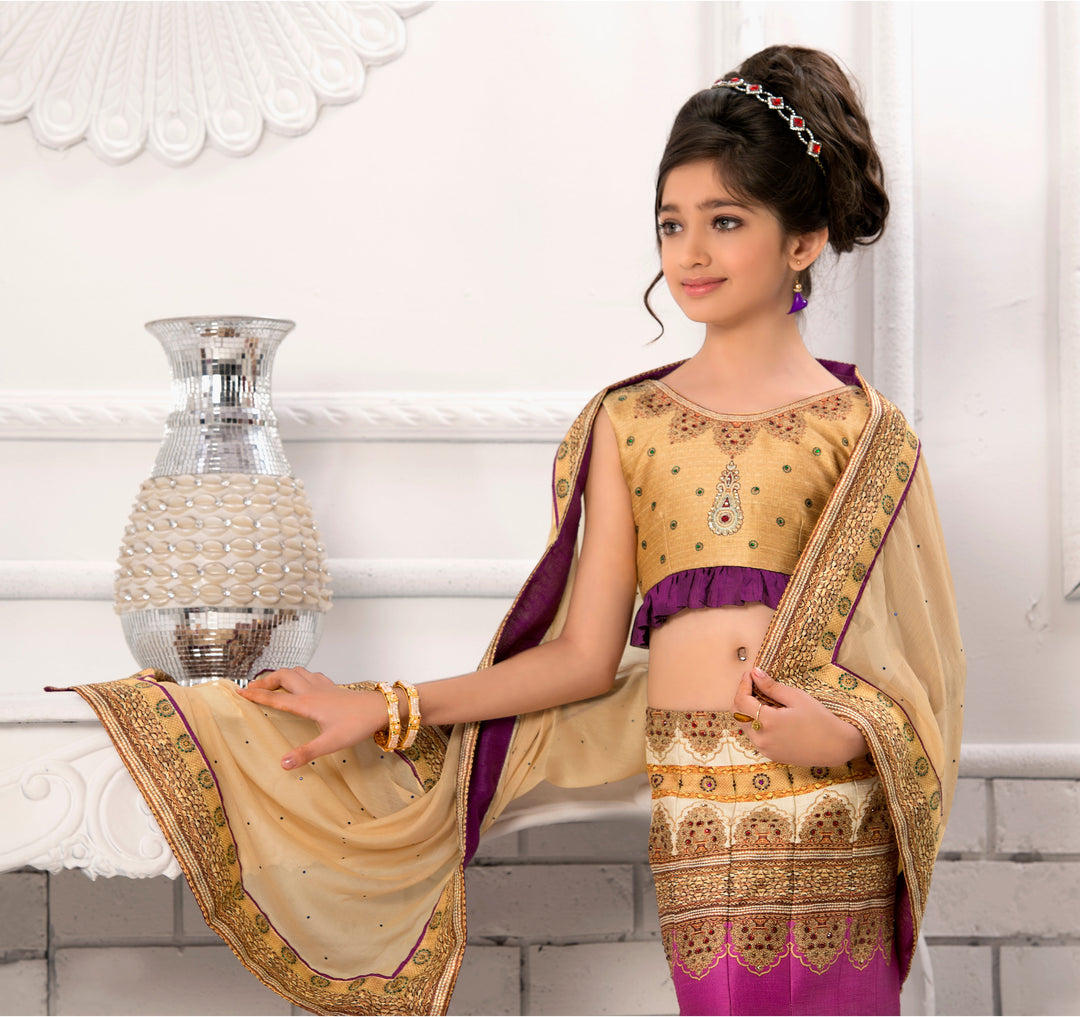 Retro Revival Kids Khadi Mono Silk Lehenga - qivii