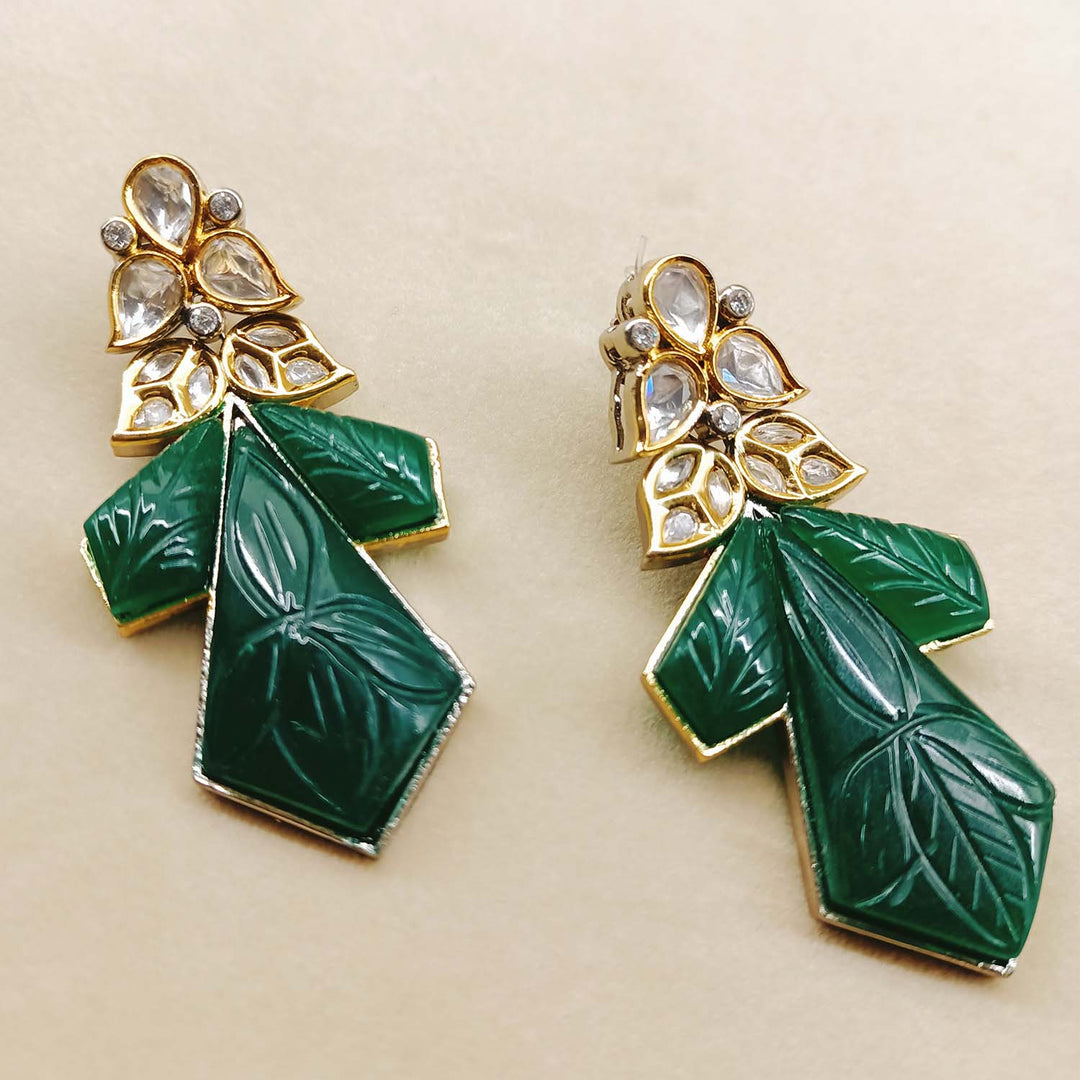Diya Green Rhodium Plated Carved Stone Kundan Earrings - qivii