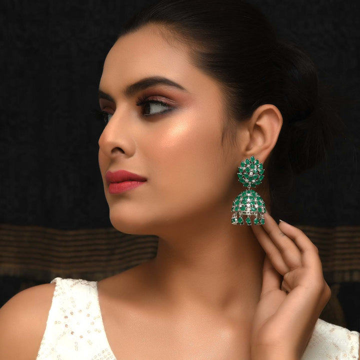 Jigyasa Green Emerald Silver Plated American Diamond Jhumki - qivii