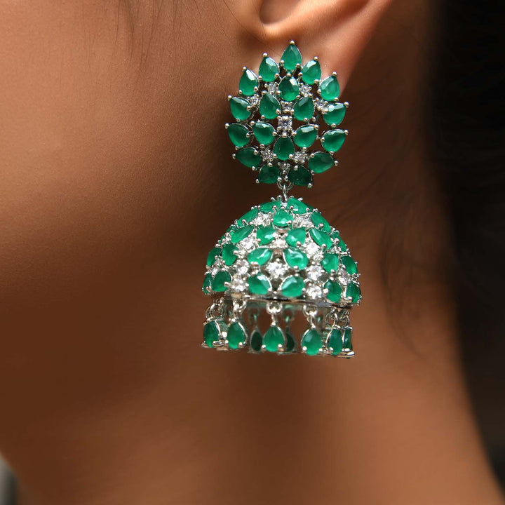Jigyasa Green Emerald Silver Plated American Diamond Jhumki - qivii
