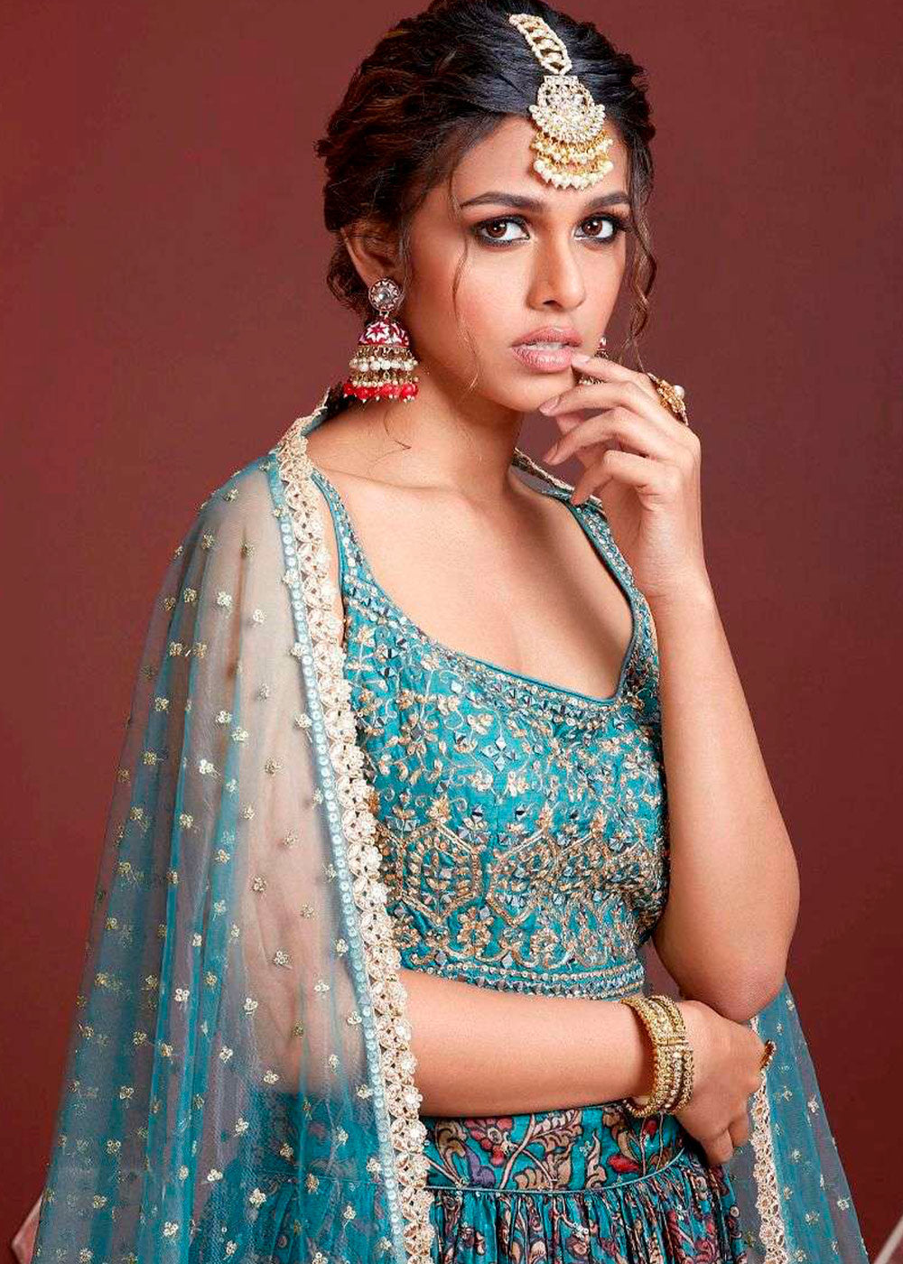 Azure Blue Floral Printed Chinon Silk Lehenga Choli with Sequins & Mirror work | Ready To Wear - qivii