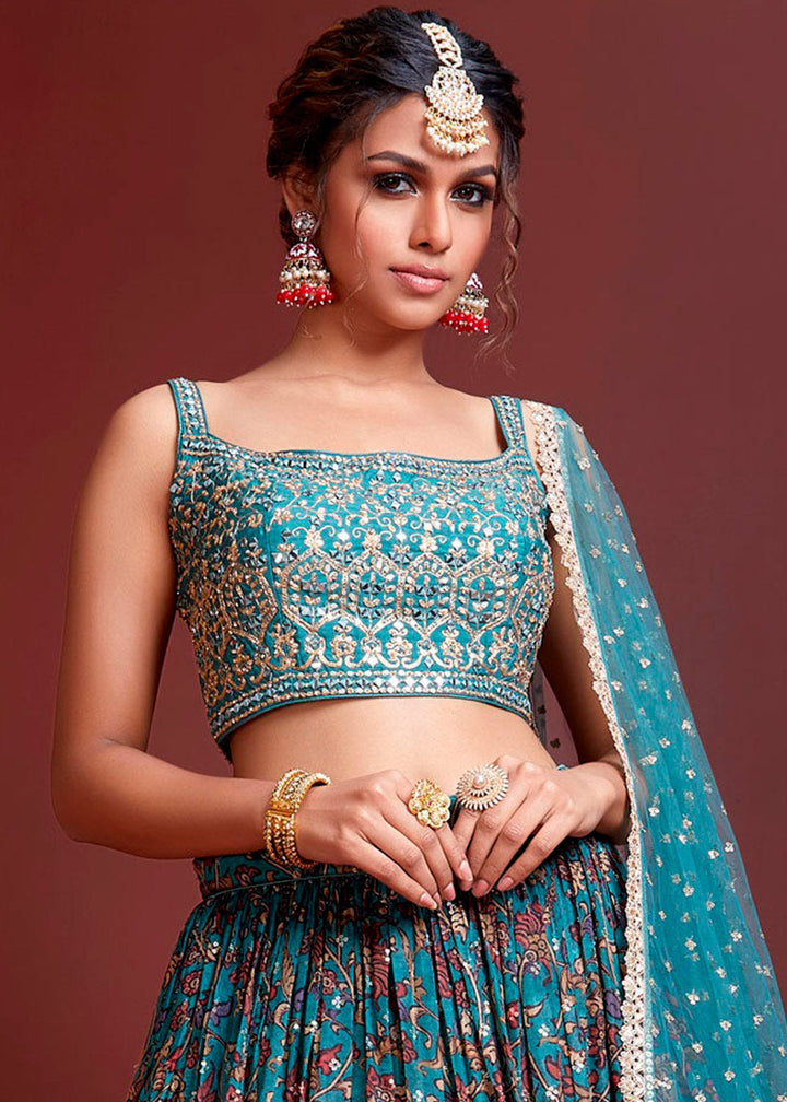 Azure Blue Floral Printed Chinon Silk Lehenga Choli with Sequins & Mirror work | Ready To Wear - qivii