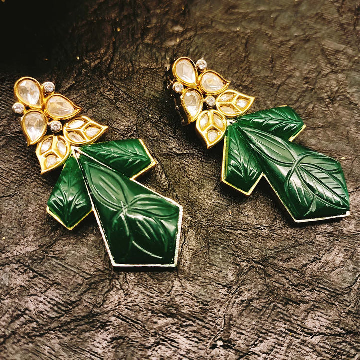 Diya Green Rhodium Plated Carved Stone Kundan Earrings - qivii