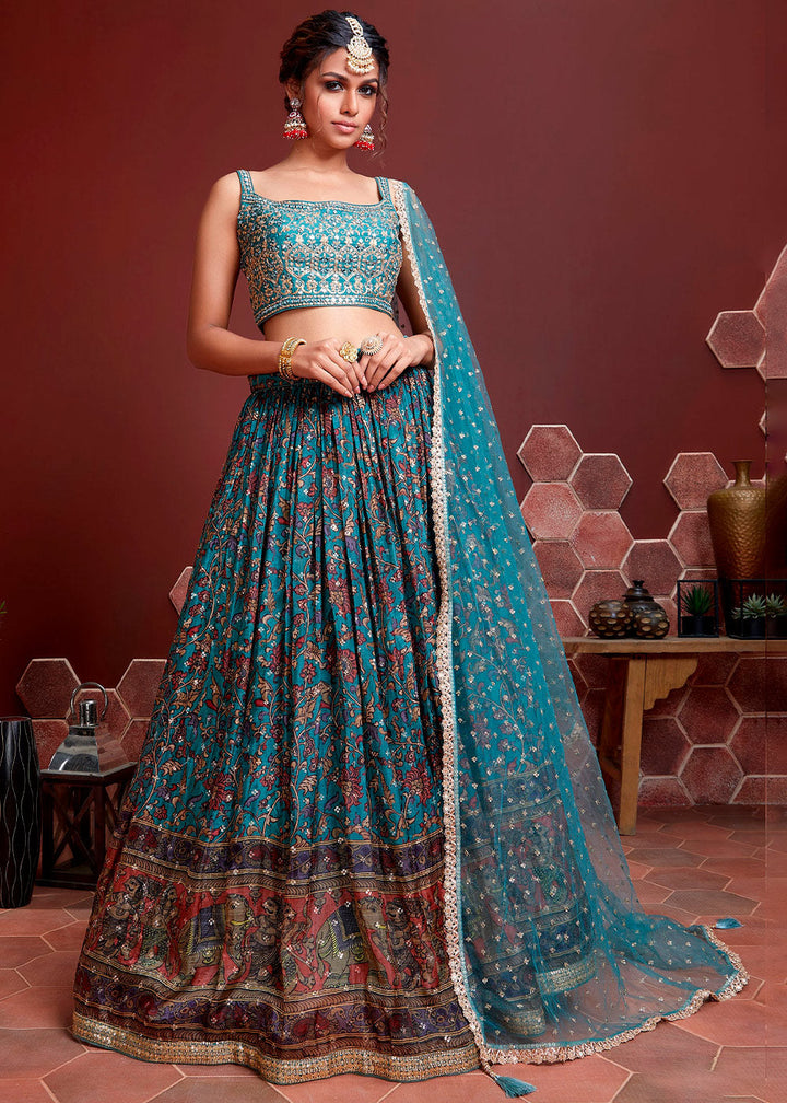 Azure Blue Floral Printed Chinon Silk Lehenga Choli with Sequins & Mirror work | Ready To Wear - qivii