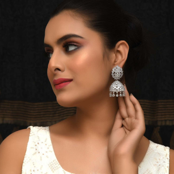 Jigna Light Grey Silver Plated American Diamond Jhumki with Beautiful American Diamond And Pear Shape Light Grey Color Stone Western Jhumkas