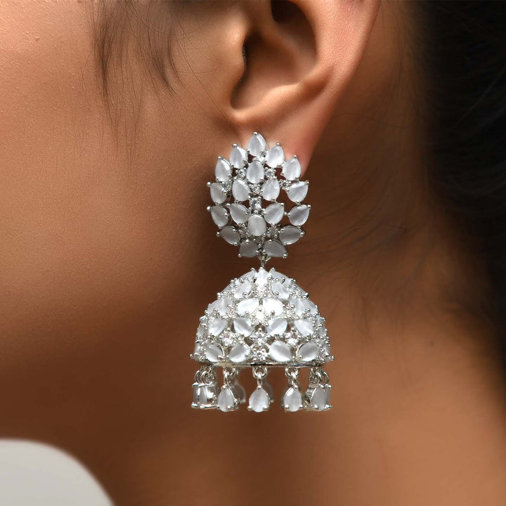  Stunning Light Grey Silver Plated Jhumki with American Diamond And Pear Shape Stone