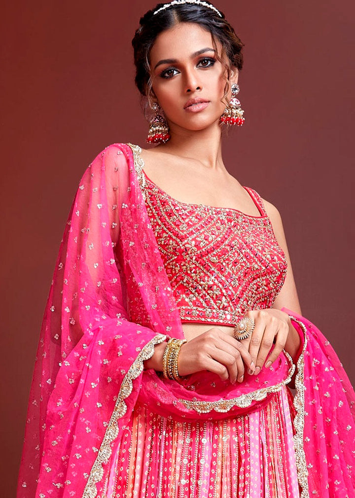 Peony Pink Bandhani Printed Chinon Silk Lehenga Choli with Embroidery & Mirror work | Ready To Wear - qivii